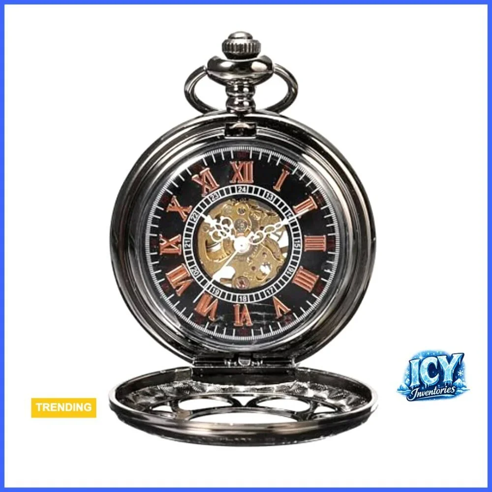 Mechanical Hand Wind Pocket Watch with Chain, Vintage Steampunk Accessory